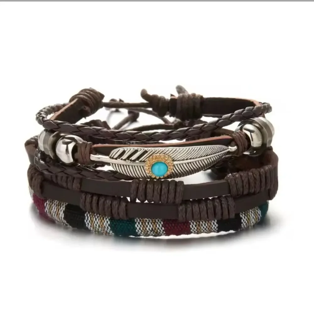 Men's leather bracelets set 3pc‎ braided feather layered New e95